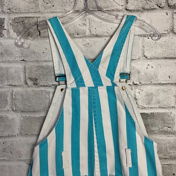 Vintage 90s Pink Soda Striped White Denim Bib Overalls Shortalls - Picture 6 of 9